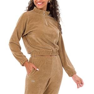 Conjunto Feminino de Veludo Canelado: Blusão Gola Alta + Calça Jogging com Bolsos  :Cor-URSO / Tamanho-M