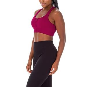 Top Fitness Feminino Seamless com Zíper Frontal, Costas Nadador e Bojo Removível:Cor-FRAMBOESA / Tamanho-M