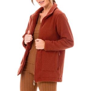 Casaco Feminino Peluciado Alongado com Gola Alta e Bolsos - Soft Brush Sherpa:Cor-FERRUGEM / Tamanho-G