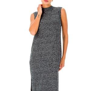 Vestido Midi Gola Alta em Tricô Flanelado com Fendas Laterais | DiCorpo:Cor-PRETO MELANGE / Tamanho-M