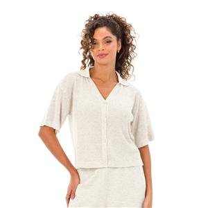 Camisa de Tricô Vazado com Decote V e Mangas Curtas | DiCorpo