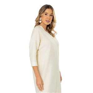 Vestido Amplo Recortado Feminino Mullet, Manga 7/8 e Decote V 