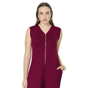 Macacão Pantalona Com Bolsos e Zíper Frontal 