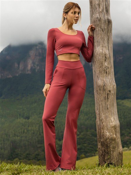 Calça Flare Com Bolsos e Cós Alto Duplo Alta Compressão 02178