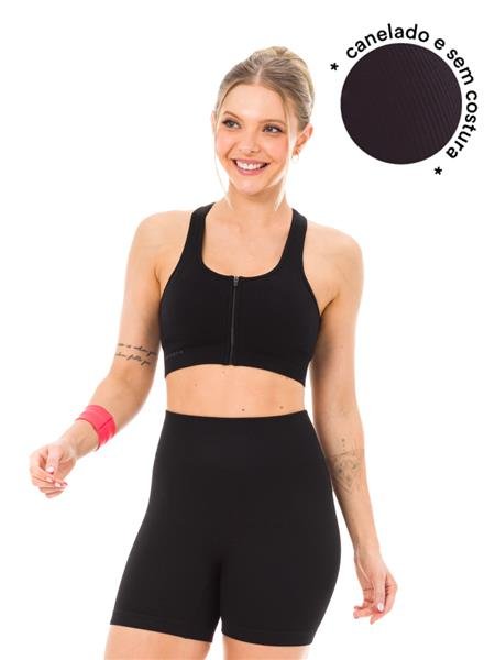 Top Fitness Feminino Seamless com Zíper Frontal, Costas Nadador e Bojo Removível 03676-I