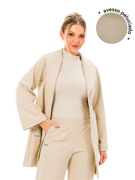 Casaco 3/4 Feminino Semi Evasê Peluciado, Sem Fechamento, com Lapela, Mangas Flare e Bolsos - 3D Thermo Heat 15439