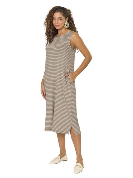 Vestido Midi com Decote Canoa, Bolsos e Fenda nas Laterais. 19345