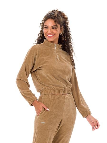 Conjunto Feminino de Veludo Canelado: Blusão Gola Alta + Calça Jogging com Bolsos   20222