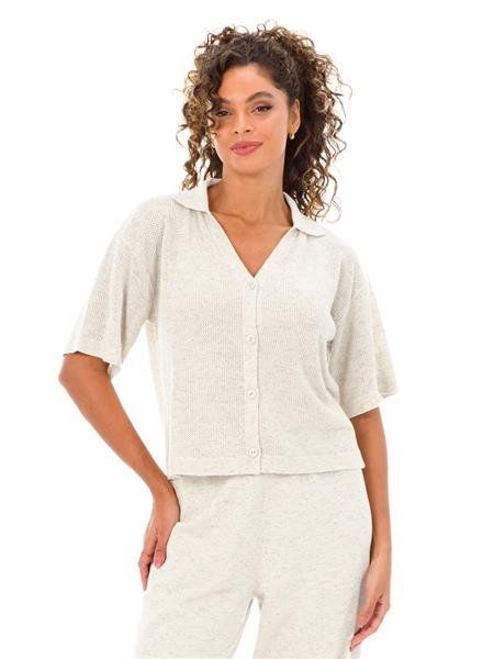Camisa de Tricô Vazado com Decote V e Mangas Curtas | DiCorpo 12684-M