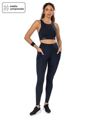 Legging Recortada com Bolsos , Cós Alto Duplo e Alta Compressão 