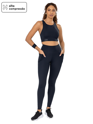 Legging Recortada com Bolsos , Cós Alto Duplo e Alta Compressão 