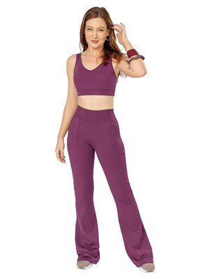 Calça Flare Com Bolsos e Cós Alto Duplo Alta Compressão 