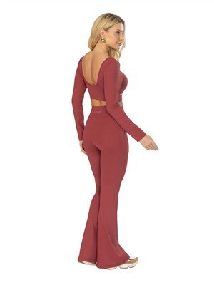 Calça Flare Com Bolsos e Cós Alto Duplo Alta Compressão 