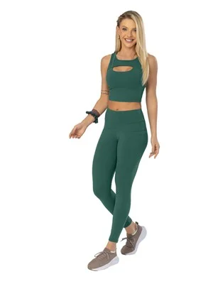 Legging Recortada com Bolsos Cós Alto Duplo Alta Compressão 