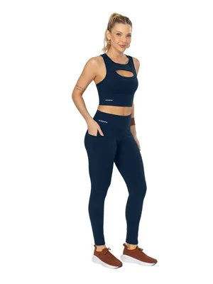 Legging Recortada com Bolsos Cós Alto Duplo Alta Compressão 