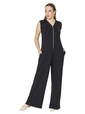 Macacão Pantalona Com Bolsos e Zíper Frontal 