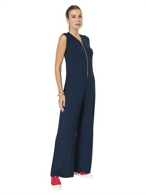 Macacão Pantalona Com Bolsos e Zíper Frontal 