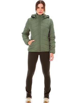 Jaqueta Feminina Em Matelassê com Gola Alta Capuz Removível e Zíper 