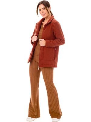 Casaco Feminino Peluciado Alongado com Gola Alta e Bolsos - Soft Brush Sherpa 