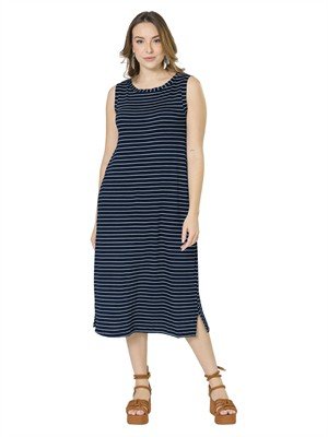 Vestido Midi com Decote Canoa, Bolsos e Fenda nas Laterais. 