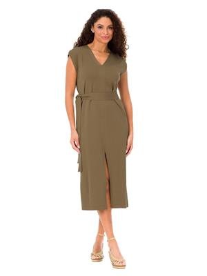 Vestido Midi Cavado de Malha com Fenda Frontal e Cinto | DiCorpo 
